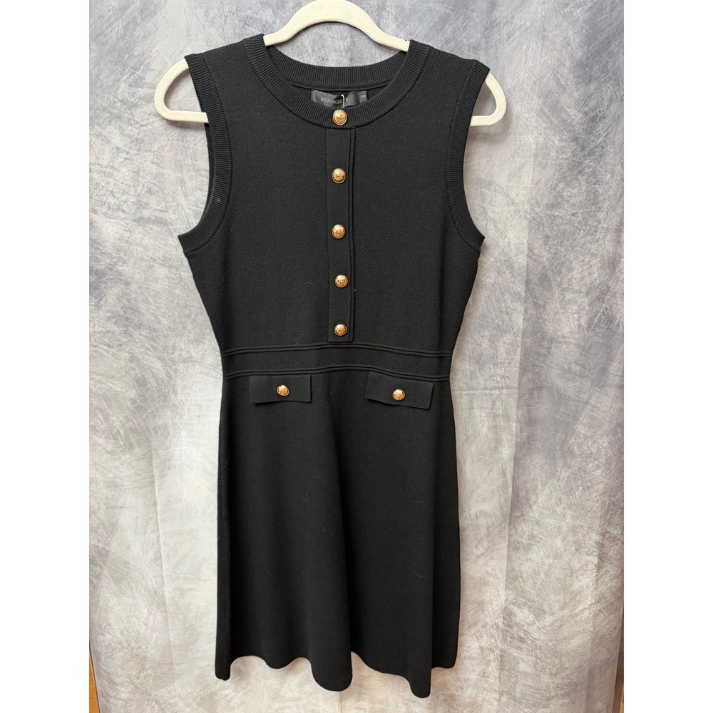 Merokeety Black Sleeveless Knit Mini Dress Gold Crest Buttons Size S New